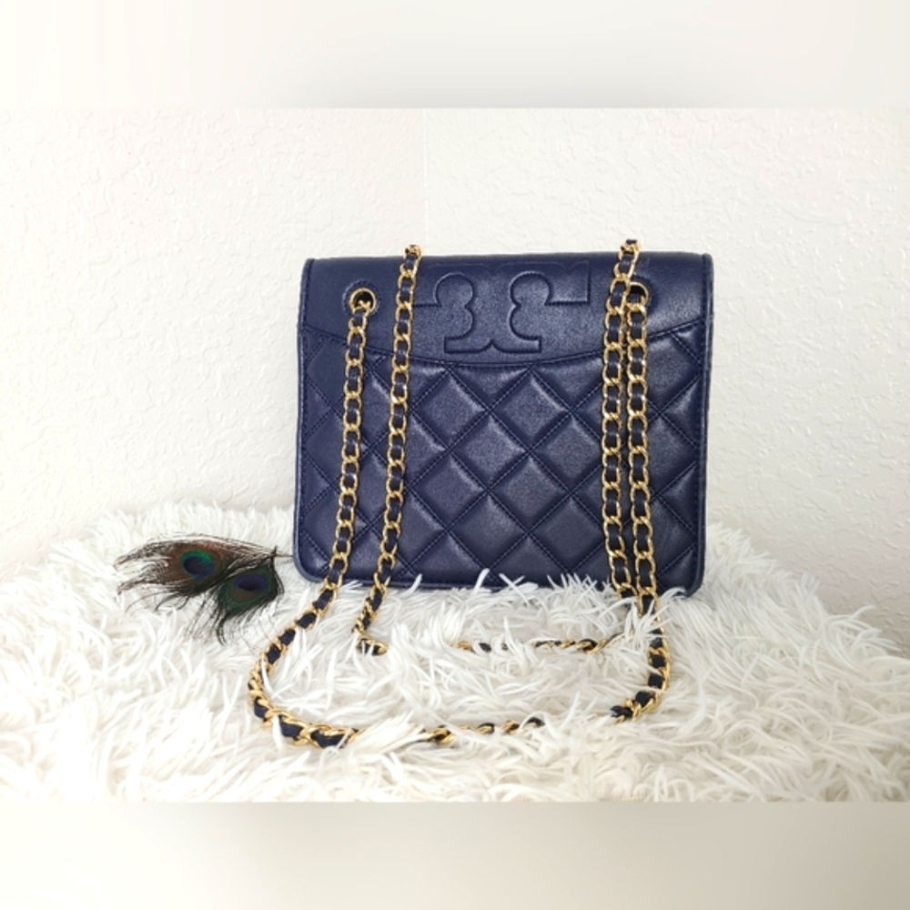 TORY BURCH SAVANNAH COMBO LEATHER CROSSBODY BAG NAVY BLUE